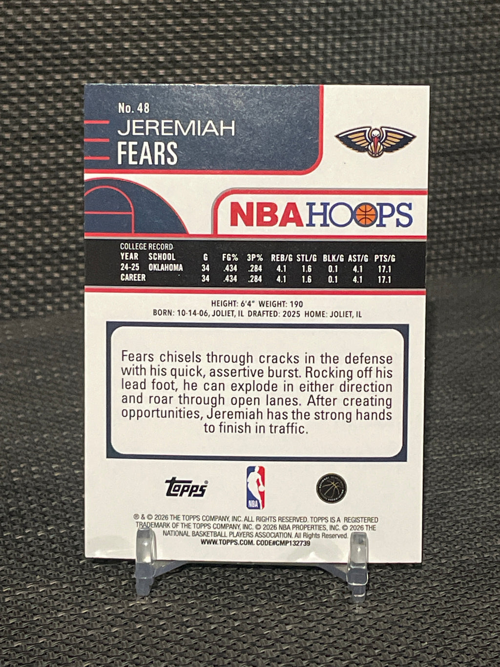 2025-26 Topps NBA Hoops Jeremiah Fears “Light Burst” RC #48