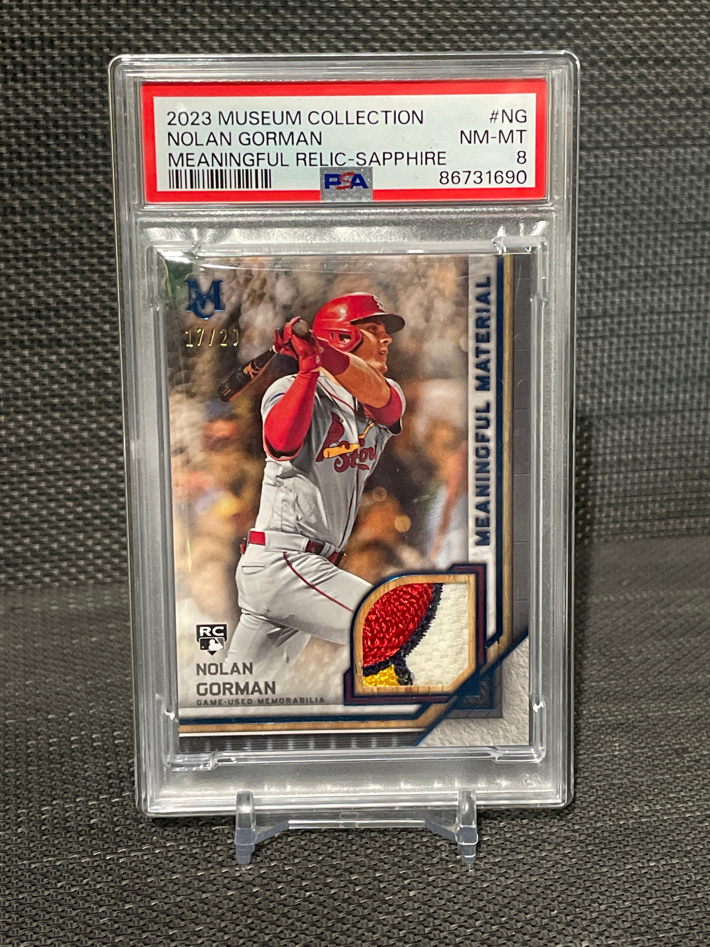 PSA 8-2023 Museum Collection Nolan Gorman Meaningful Relic-Sapphire 17/20 Pop 1