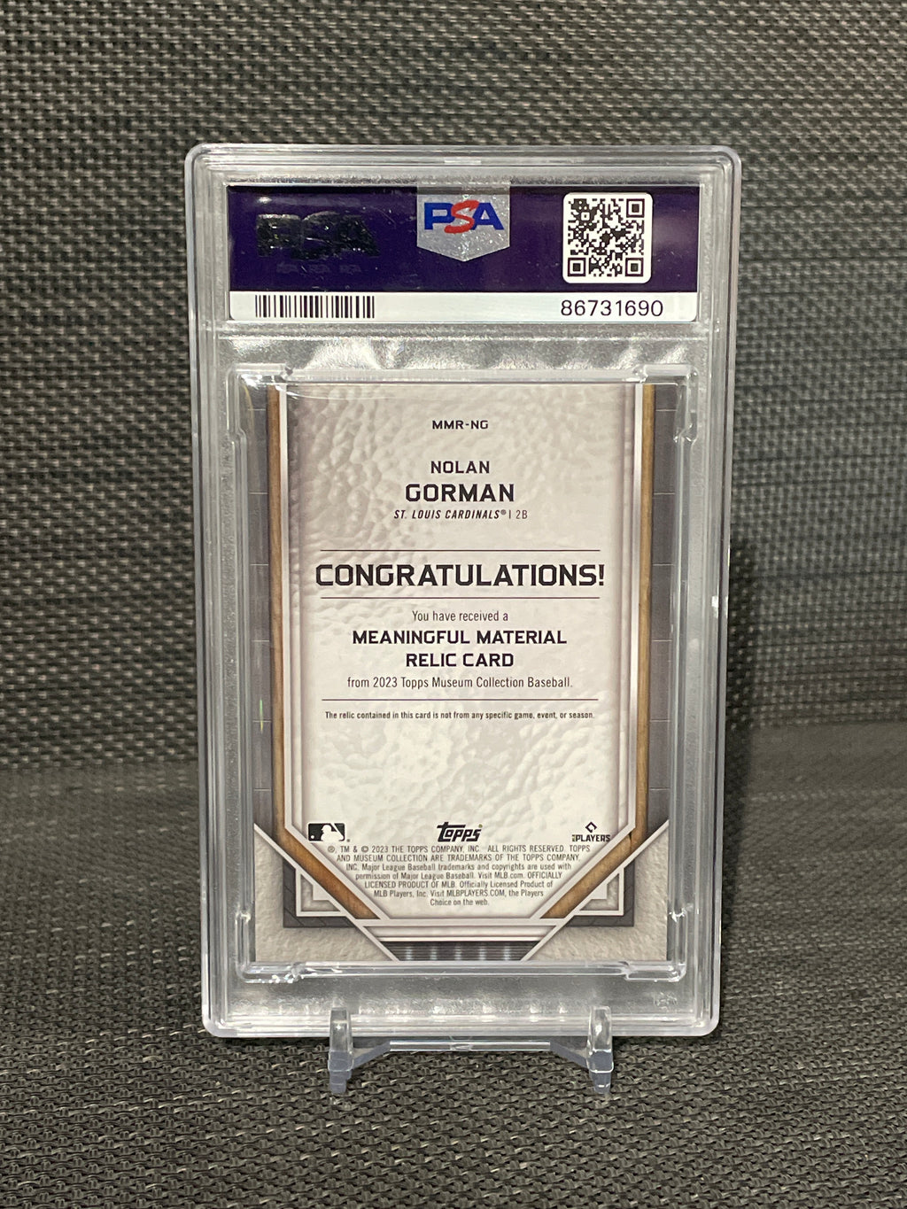PSA 8-2023 Museum Collection Nolan Gorman Meaningful Relic-Sapphire 17/20 Pop 1