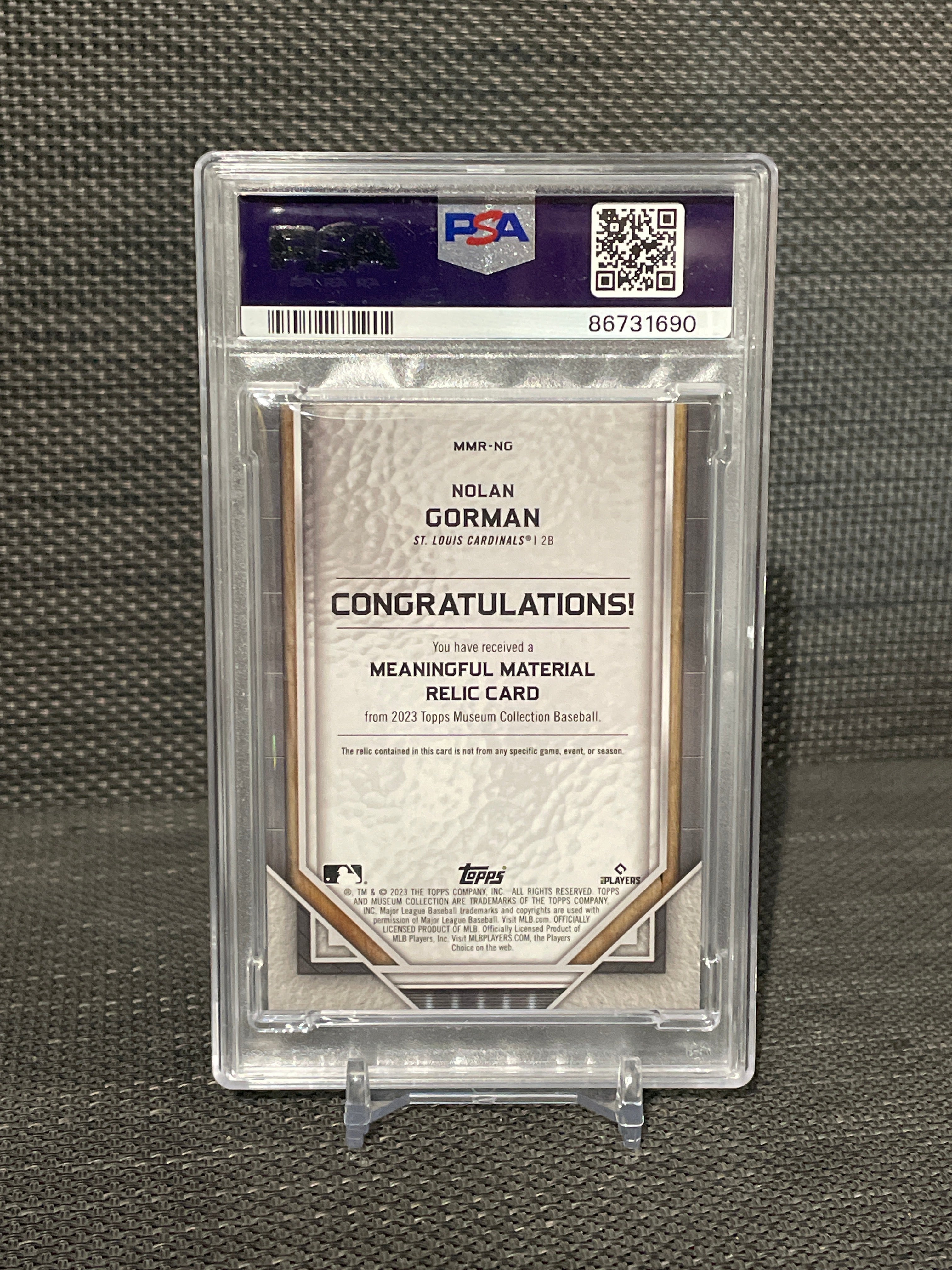 PSA 8-2023 Museum Collection Nolan Gorman Meaningful Relic-Sapphire 17/20 Pop 1